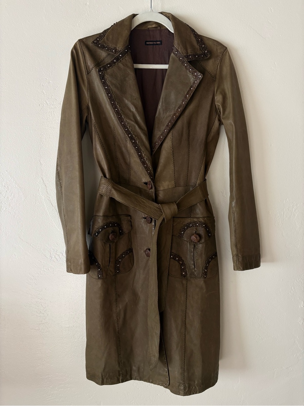 Benedetta Novi Olive Lambskin Trench Coat Embellished Y2K Dark Academia Grunge 4